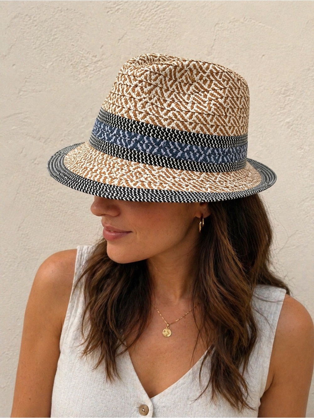 Magid Tan Straw Fedora with Blue and Black Trim